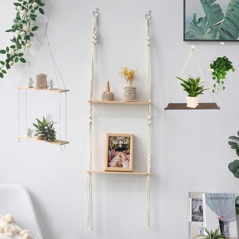 Nordic Wooden Plant Shelf: Wall Mounted Swing Rack for Indoor & Outdoor Decor - DormVibes