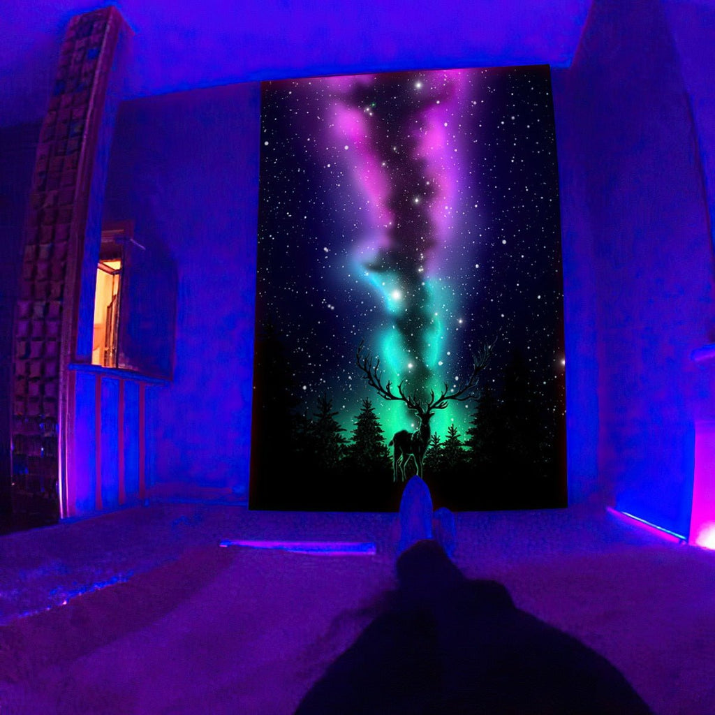 Northern Lights Colorful Sky Blacklight Tapestry Moose - DormVibes