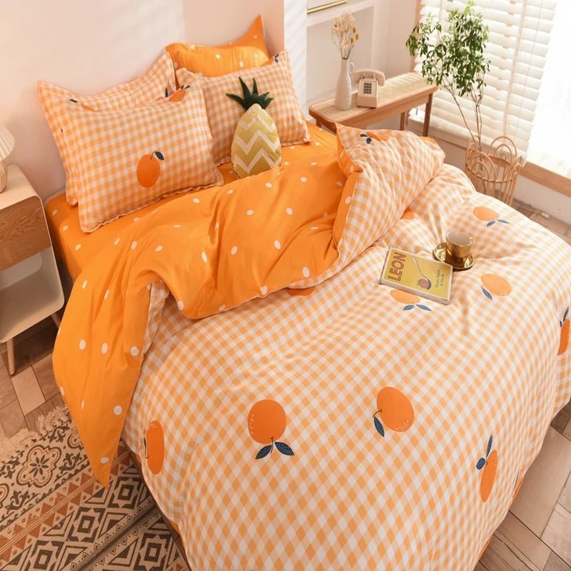 Orange Dreams Gingham & Polka Dots Bedding Set - DormVibes