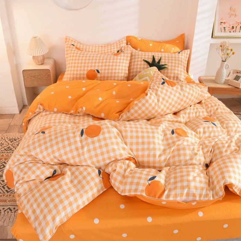 Orange Dreams Gingham & Polka Dots Bedding Set - DormVibes