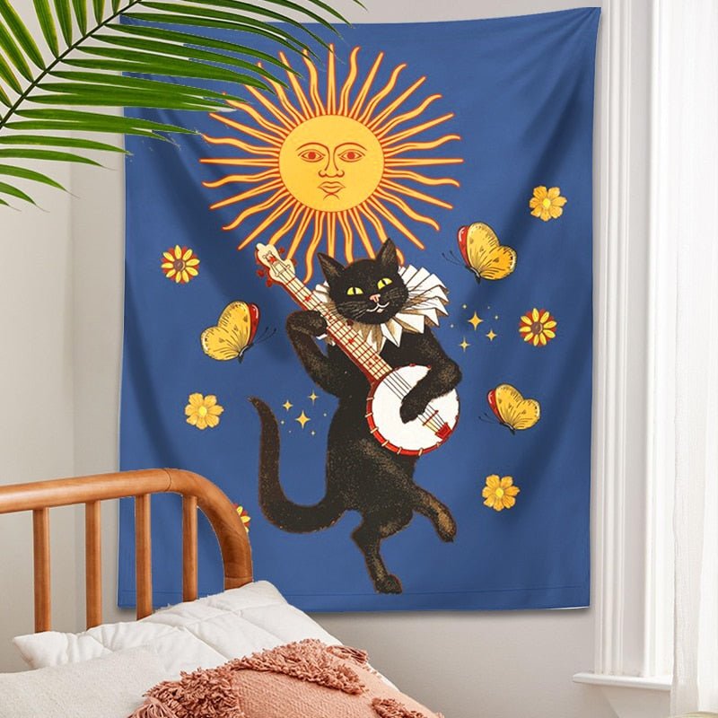 Party Cat Tapestry Wall Hanging Whimsical Butterfly Sun Prom