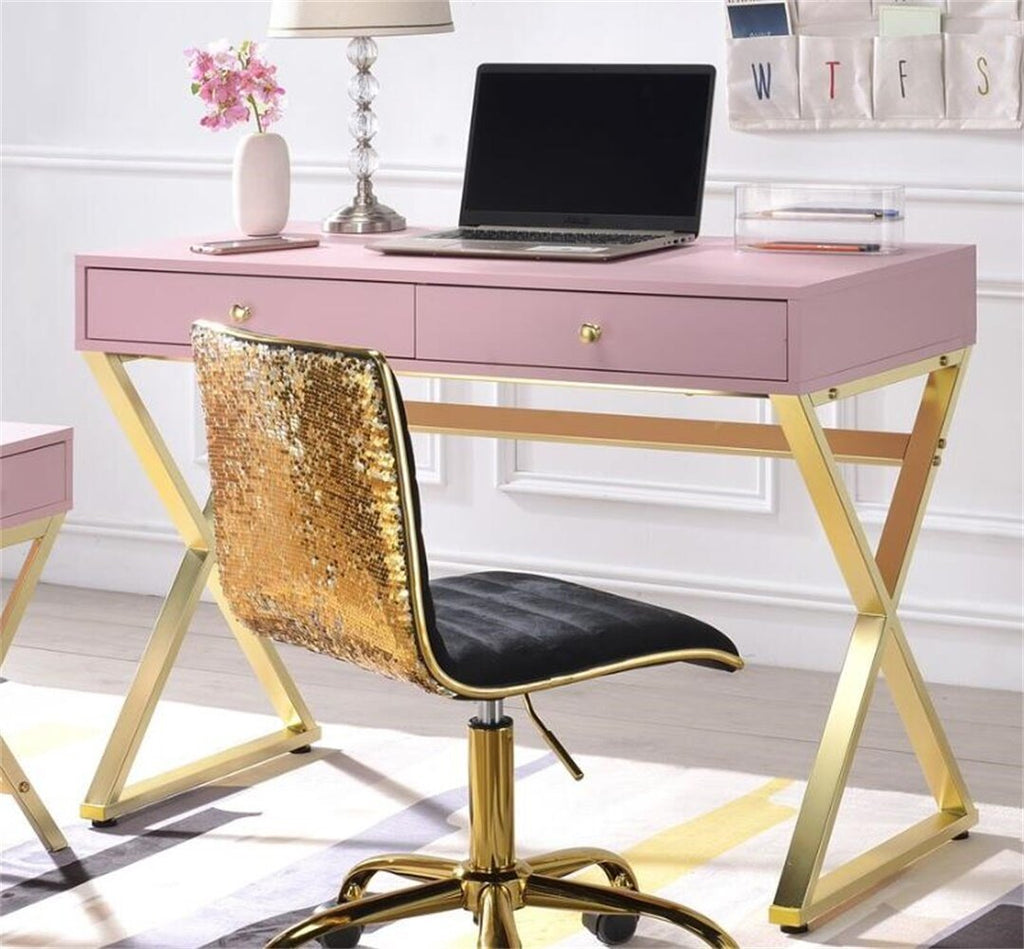 Pink and Gold Glam Desk Table with Drawers - DormVibes