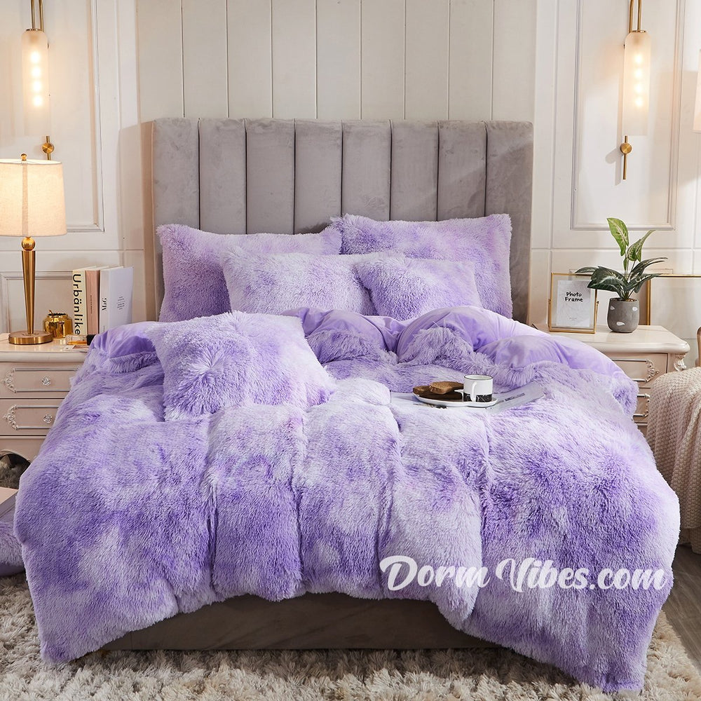 Lavender tie-dye PLUFFY bedding with matching fluffy pillows