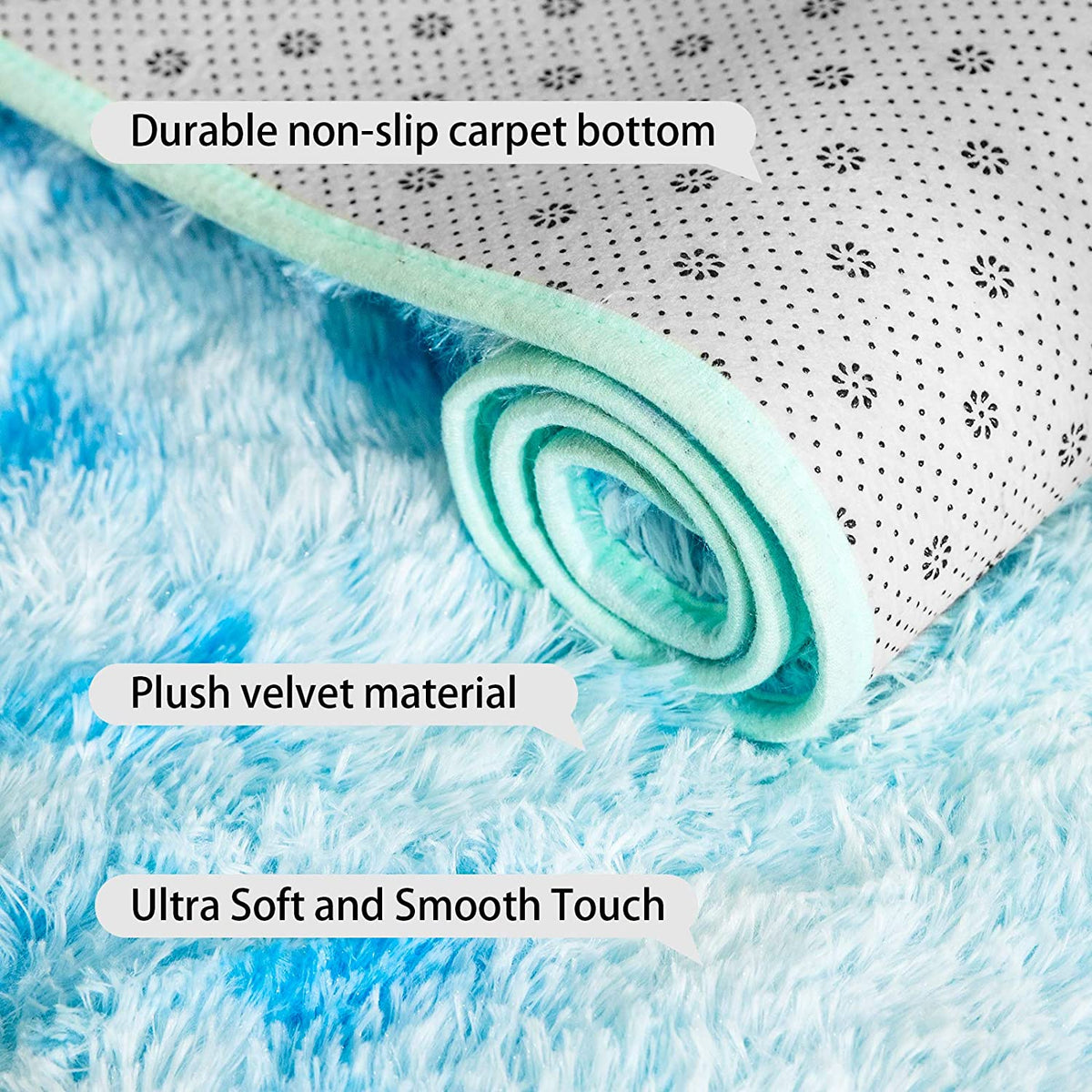 Rolled blue tie-dye rug showing its dotted underside