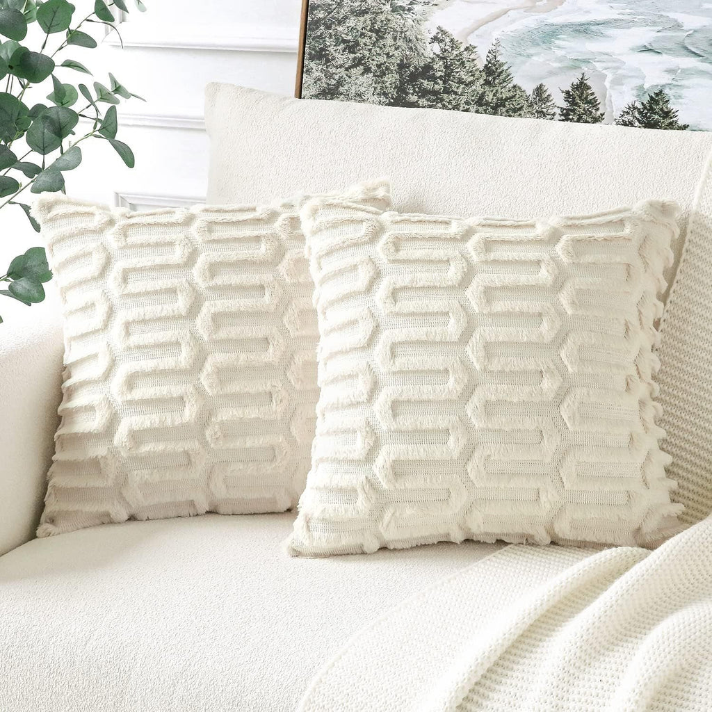 Plush Geometric Cushion Cover - 45x45cm Decorative Soft Sofa Pillow Cover, White Living Room Decor, Pillowcase for Bedroom - DormVibes