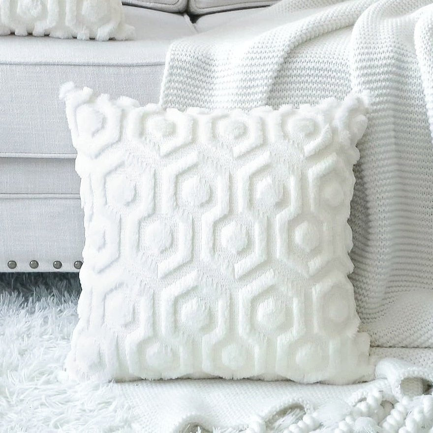 Plush Geometric Cushion Cover - 45x45cm Decorative Soft Sofa Pillow Cover, White Living Room Decor, Pillowcase for Bedroom - DormVibes