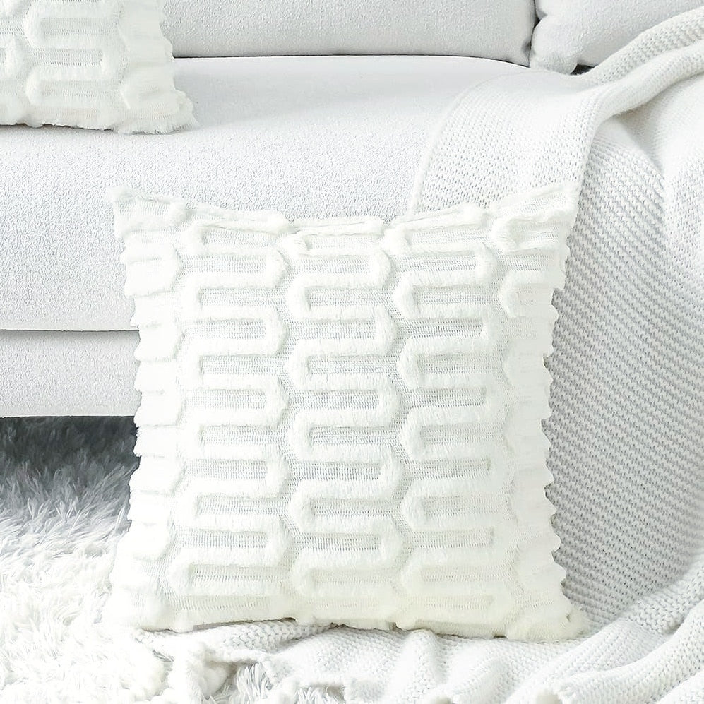 Plush Geometric Cushion Cover - 45x45cm Decorative Soft Sofa Pillow Cover, White Living Room Decor, Pillowcase for Bedroom - DormVibes