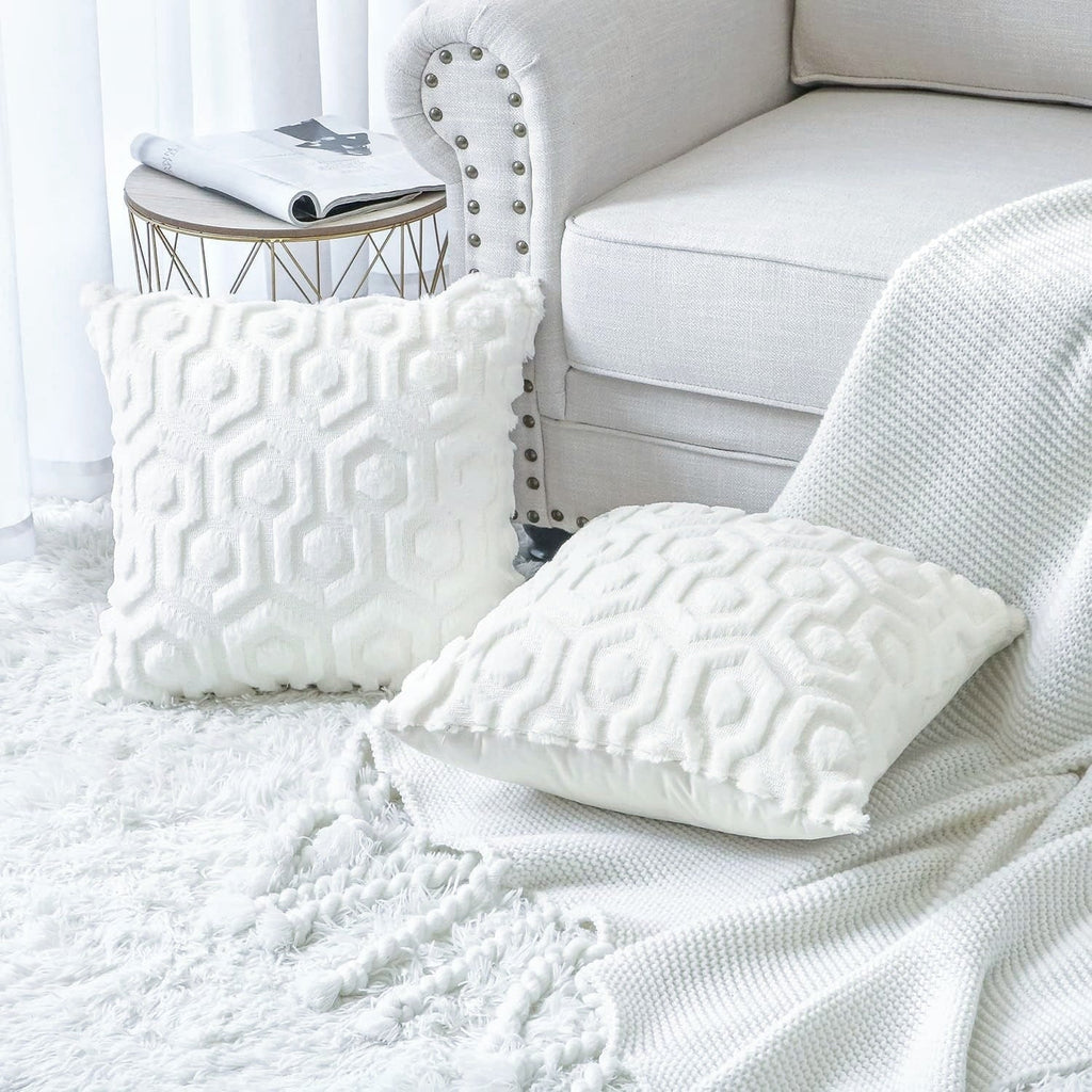 Plush Geometric Cushion Cover - 45x45cm Decorative Soft Sofa Pillow Cover, White Living Room Decor, Pillowcase for Bedroom - DormVibes