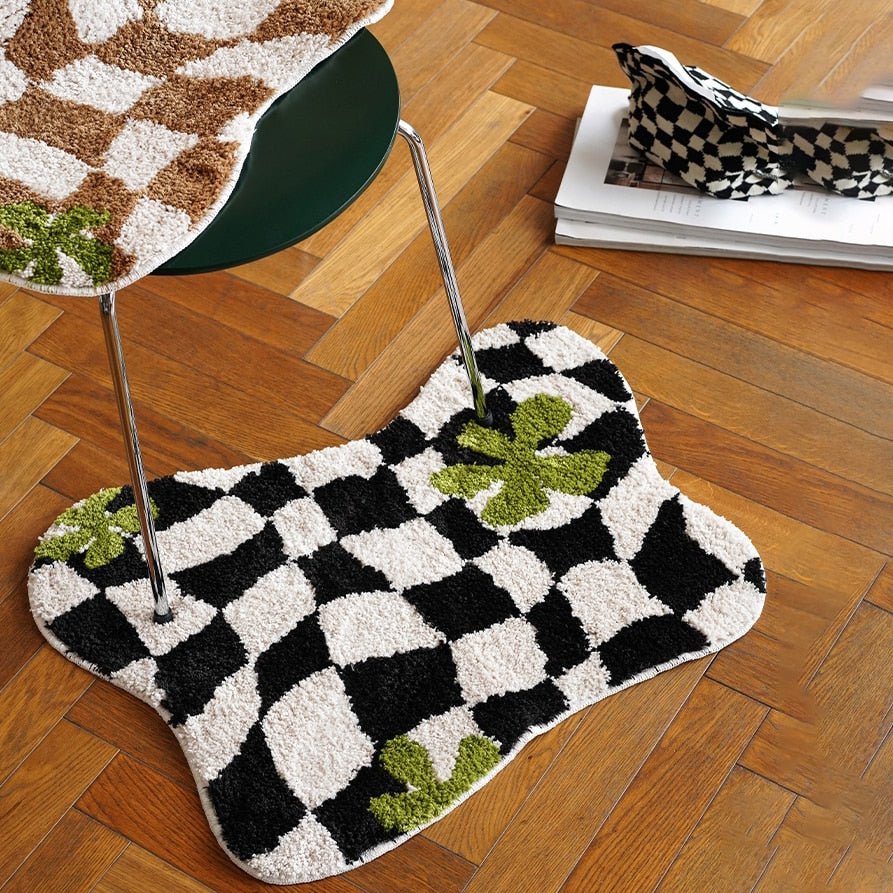 Plush Irregular Plaid Kitchen Rug: Crochet Style Soft, Non-Slip, Absorbent Mat in Brown and Black Checkerboard Design for Various Home Spaces - DormVibes