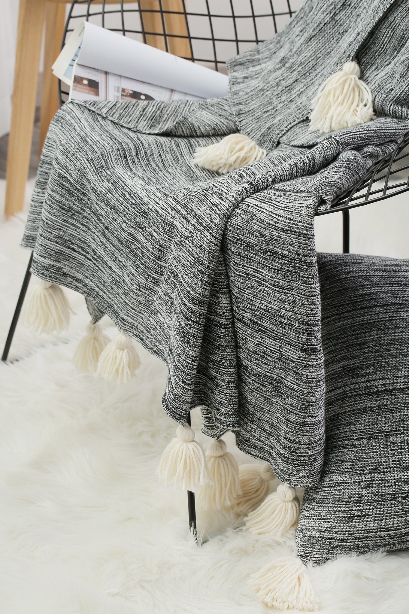 Grey knitted pom pom throw 2025