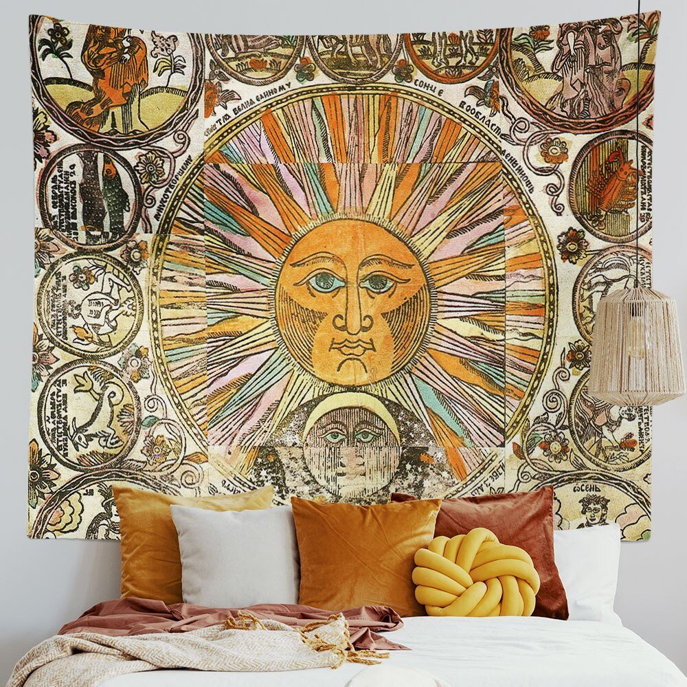 Psychedelic Astrology Sun and Moon Tapestry - Vibrant Mandala Wall Decor for Cosmic Vibes - DormVibes