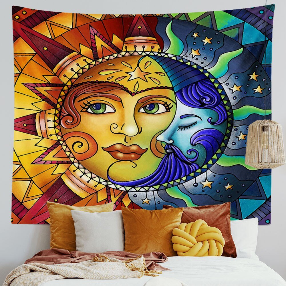 Psychedelic Astrology Sun and Moon Tapestry - Vibrant Mandala Wall Decor for Cosmic Vibes - DormVibes