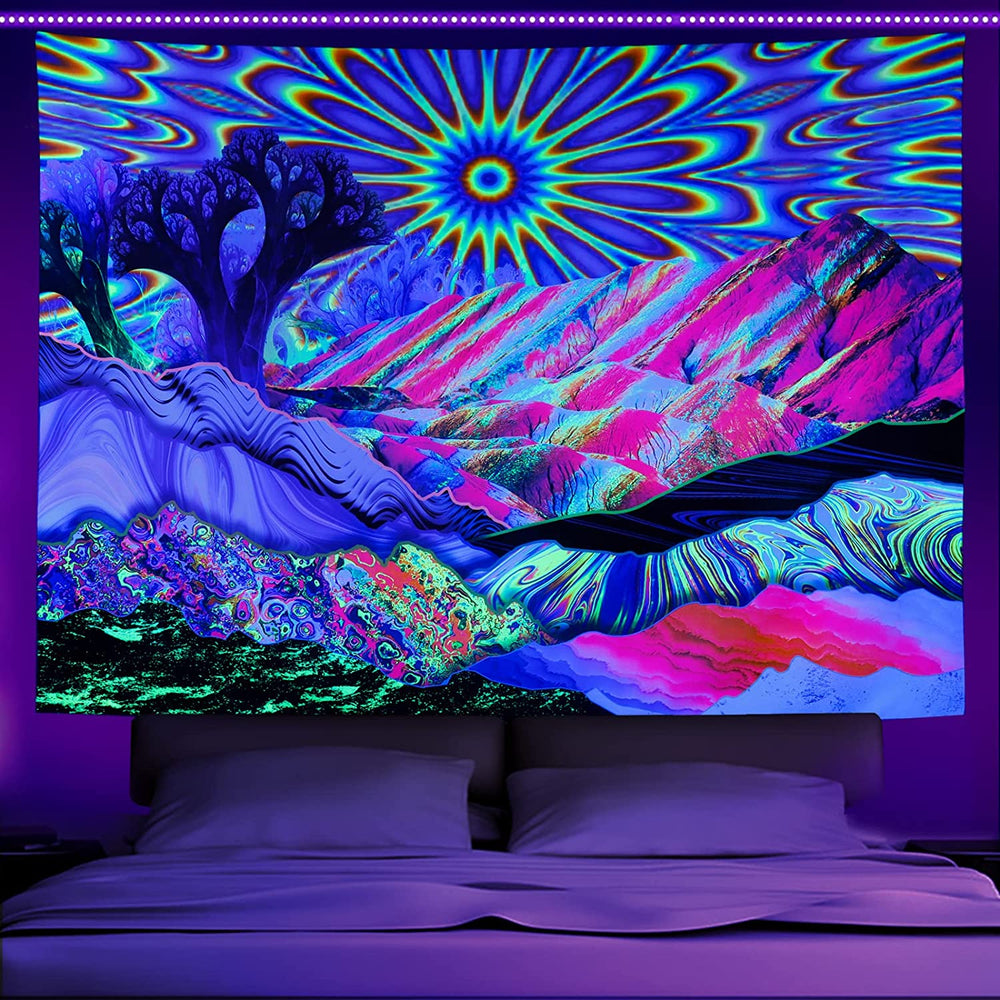 Psychedelic landscape tapestry with a flying bird and radiating sun