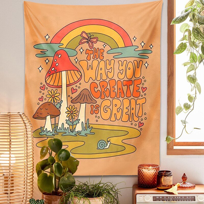 Psychedelic Rainbow Mushroom Tapestry: Inspirational 'The Way You Create Great' Hippie Wall Decor for Homes and Dorms - DormVibes