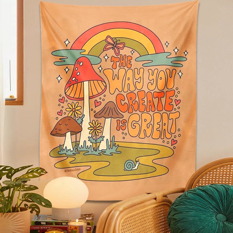 Psychedelic Rainbow Mushroom Tapestry: Inspirational 'The Way You Create Great' Hippie Wall Decor for Homes and Dorms - DormVibes