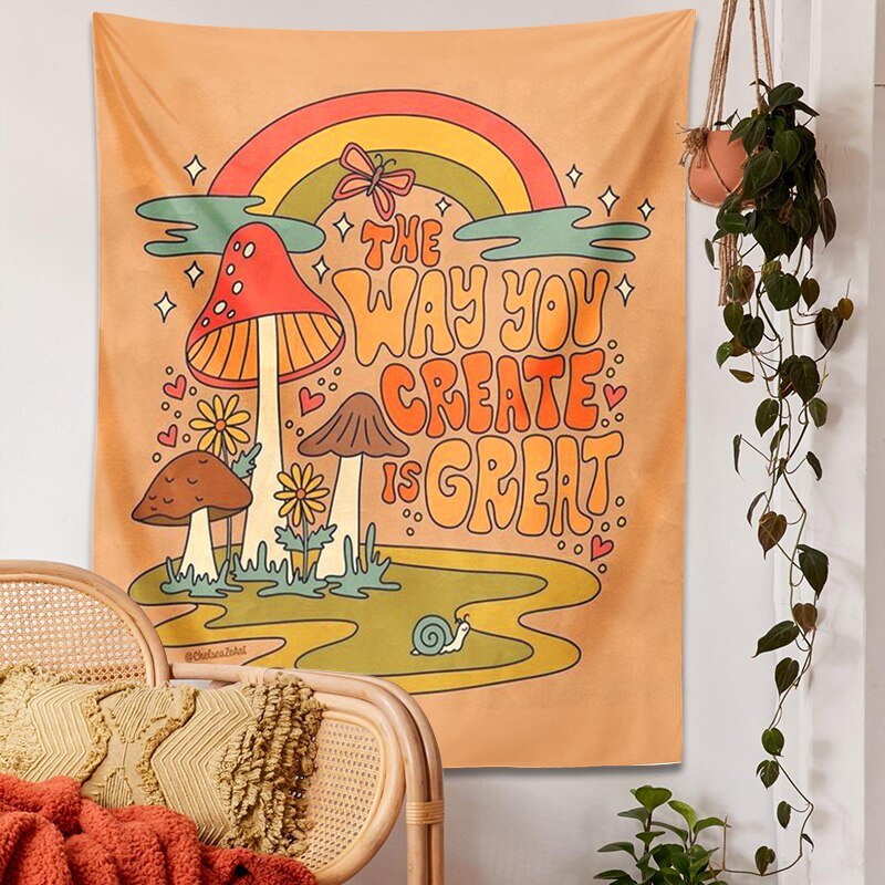 Psychedelic Rainbow Mushroom Tapestry: Inspirational 'The Way You Create Great' Hippie Wall Decor for Homes and Dorms - DormVibes