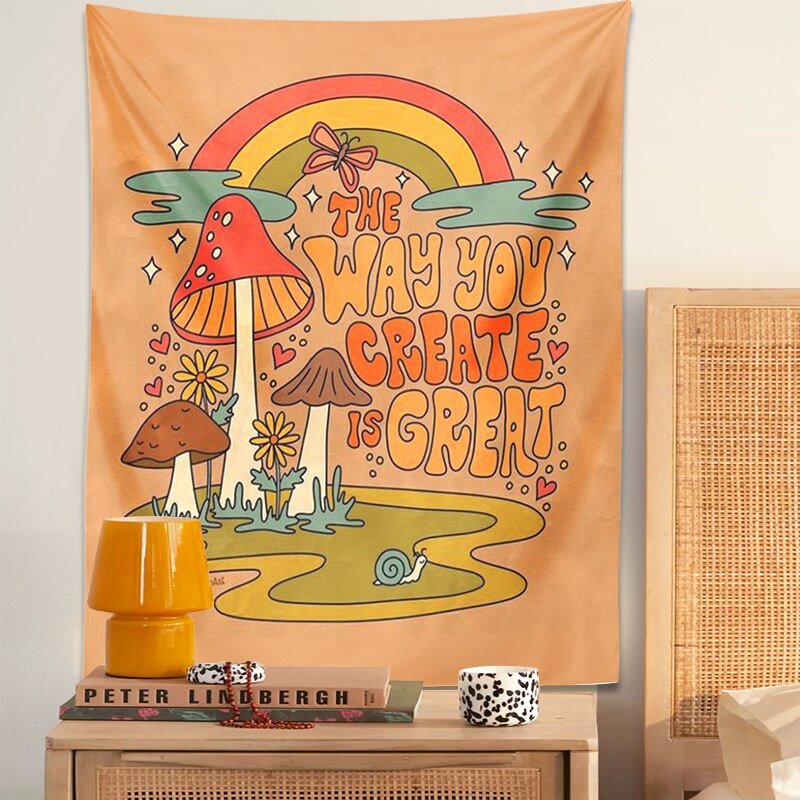 Psychedelic Rainbow Mushroom Tapestry: Inspirational 'The Way You Create Great' Hippie Wall Decor for Homes and Dorms - DormVibes