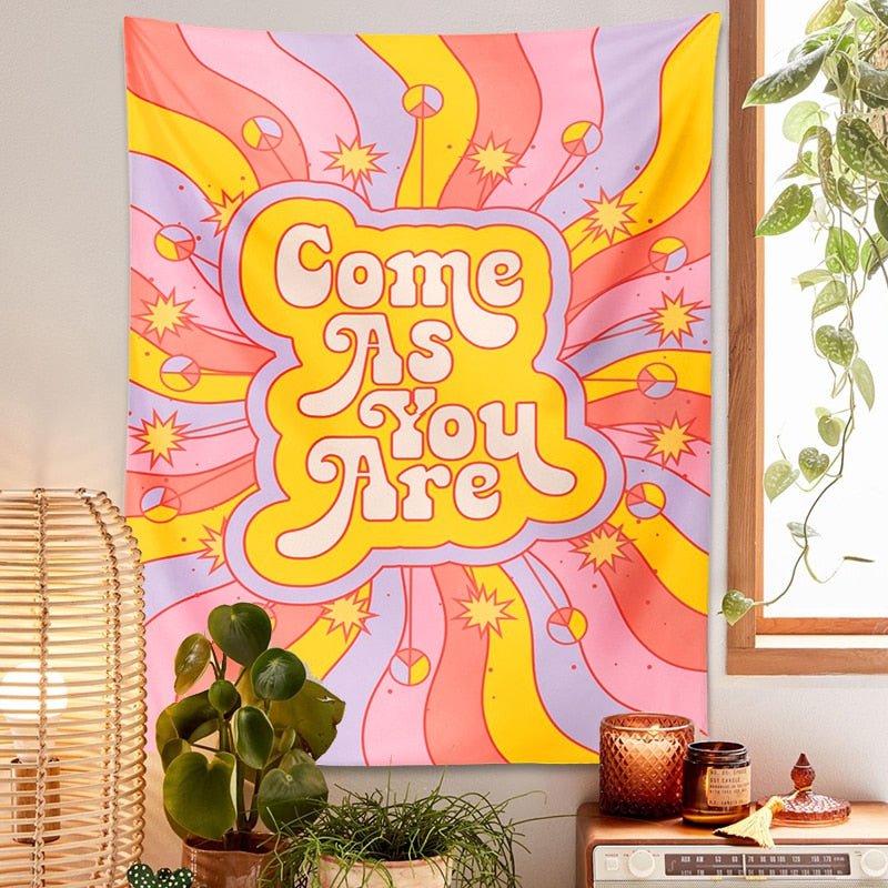 Radiant Retro Vibes: Colorful Sunshine 80s Aesthetic Tapestry Come As You Are - DormVibes