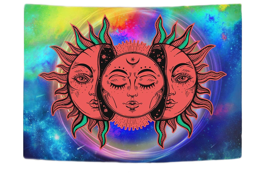 Rainbow celestial tapestry with three sun and crescent moon faces