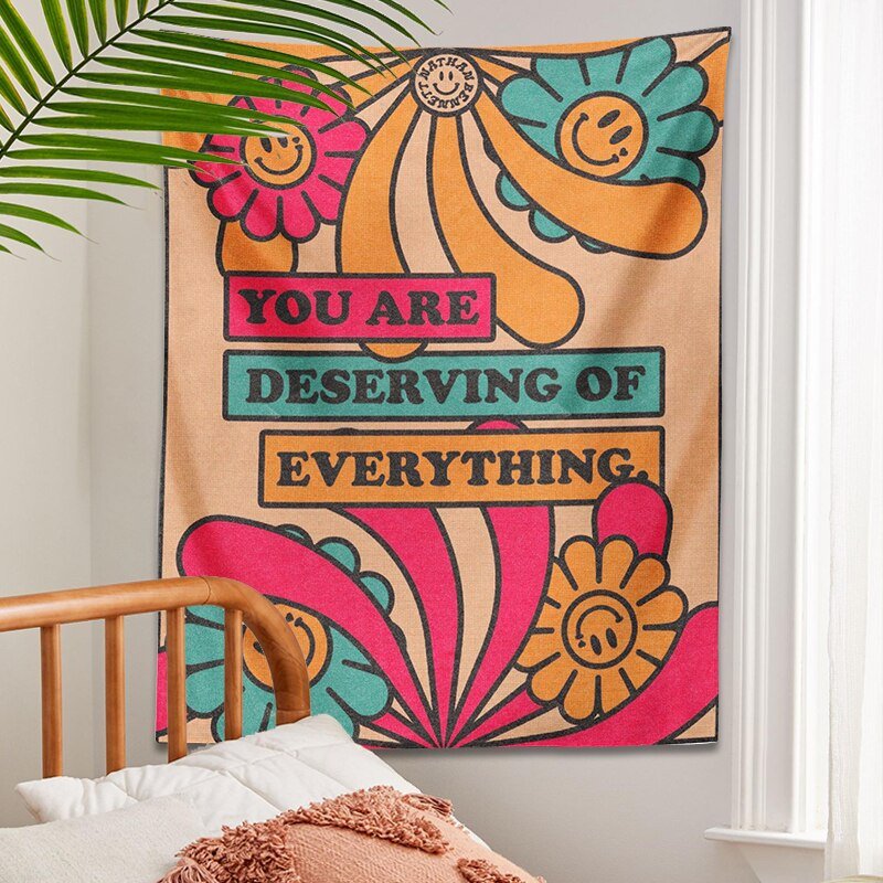 Retro Flower Smiley Vintage Tapestry - Inspirational 'You Are Deserving of Everything' Wall Hanging for Boho Home Decor - DormVibes