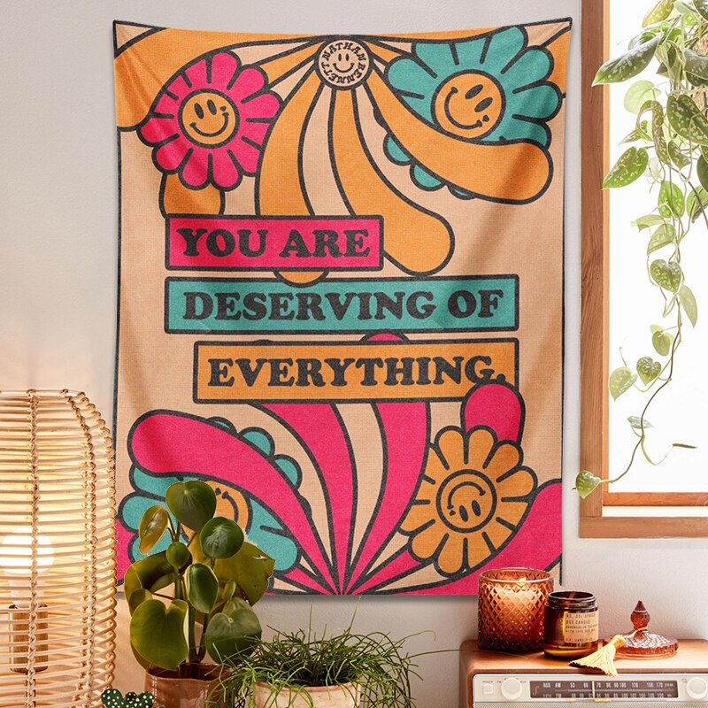 Retro Flower Smiley Vintage Tapestry - Inspirational 'You Are Deserving of Everything' Wall Hanging for Boho Home Decor - DormVibes