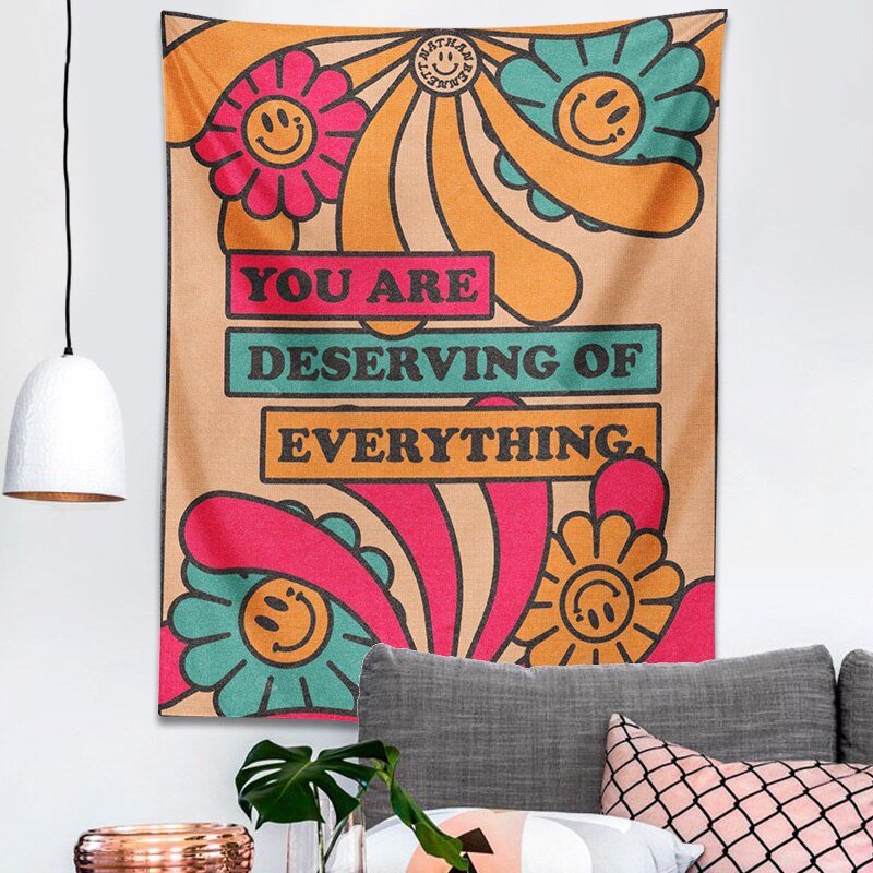 Retro Flower Smiley Vintage Tapestry - Inspirational 'You Are Deserving of Everything' Wall Hanging for Boho Home Decor - DormVibes