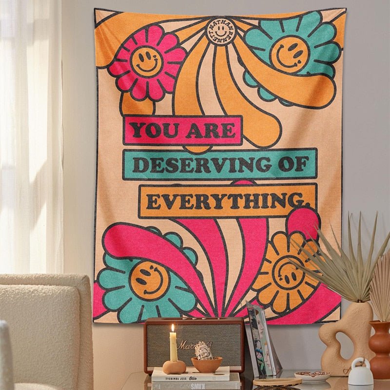 Retro Flower Smiley Vintage Tapestry - Inspirational 'You Are Deserving of Everything' Wall Hanging for Boho Home Decor - DormVibes