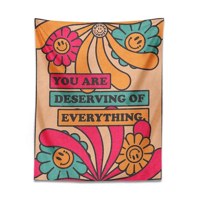 Retro Flower Smiley Vintage Tapestry - Inspirational 'You Are Deserving of Everything' Wall Hanging for Boho Home Decor - DormVibes