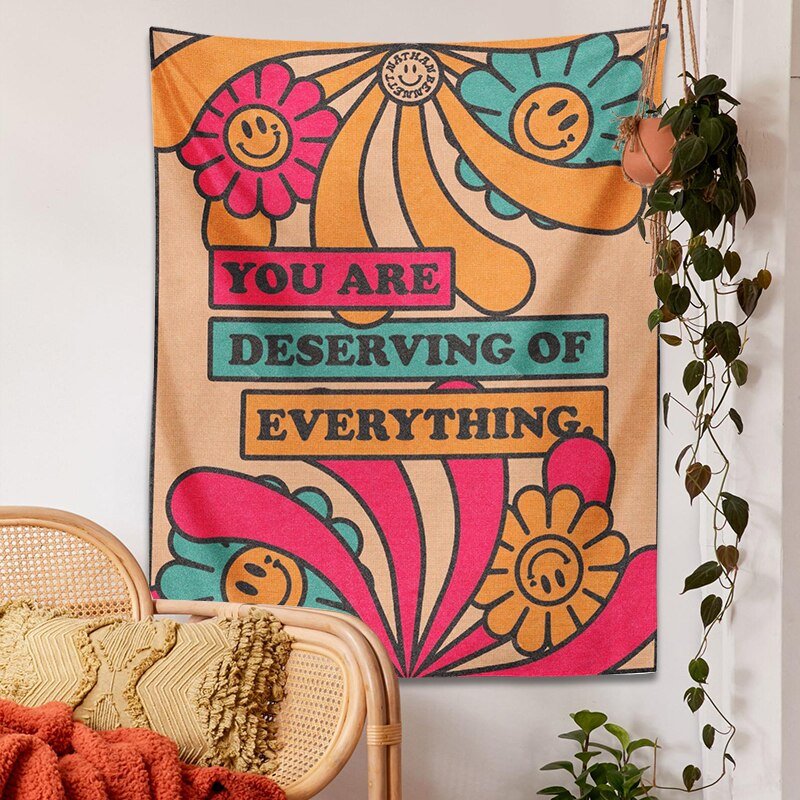 Retro Flower Smiley Vintage Tapestry - Inspirational 'You Are Deserving of Everything' Wall Hanging for Boho Home Decor - DormVibes