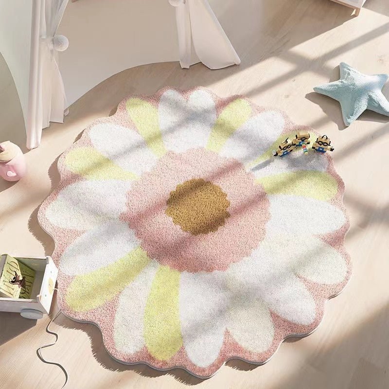 Round Daisy Flower Thick Carpet Plush Rug - DormVibes