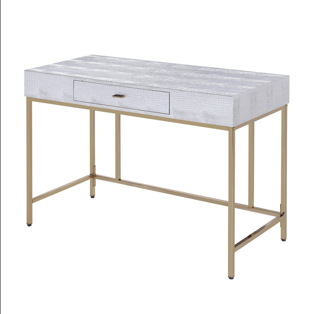 Silver Faux Leather Textured Vanity Desk - DormVibes