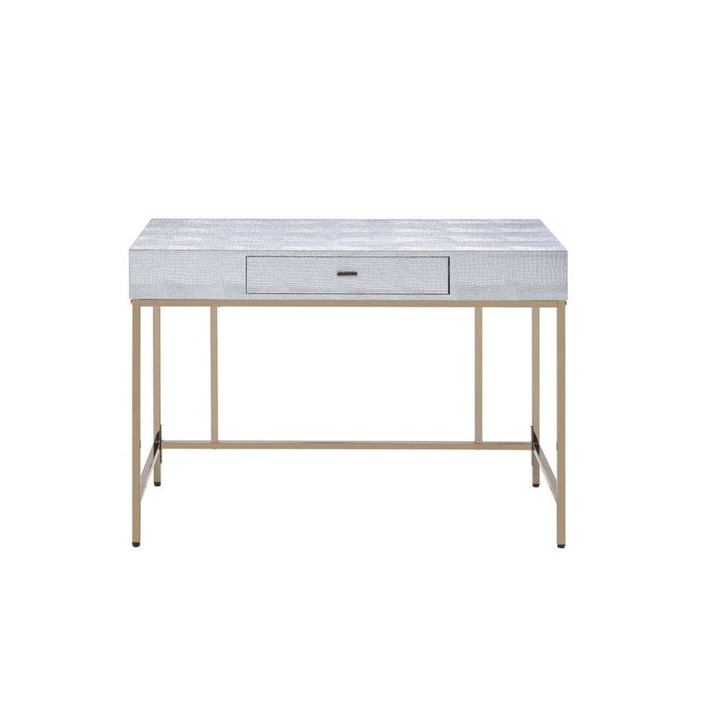 Silver Faux Leather Textured Vanity Desk - DormVibes