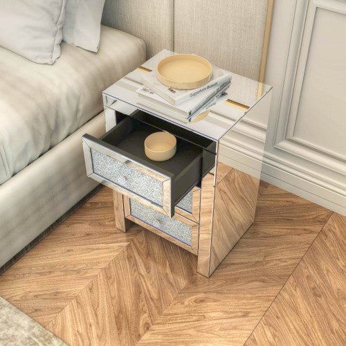 Silver Mirrored Nightstand Bedside Table with Crystals - DormVibes