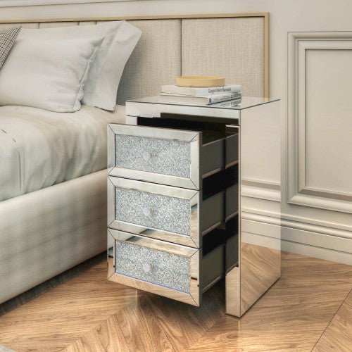 Silver Mirrored Nightstand Bedside Table with Crystals - DormVibes