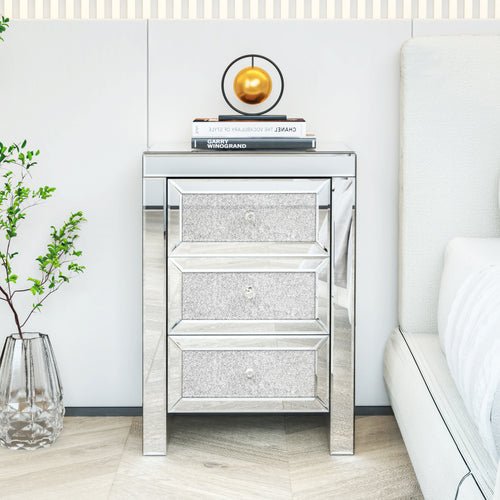 Silver Mirrored Nightstand Bedside Table with Crystals - DormVibes