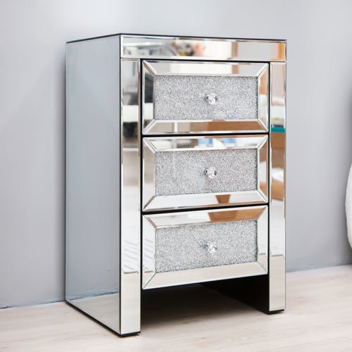 Silver Mirrored Nightstand Bedside Table with Crystals - DormVibes
