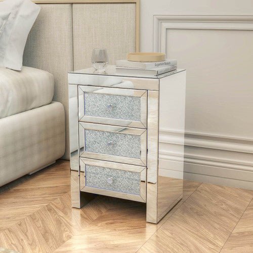 Silver Mirrored Nightstand Bedside Table with Crystals - DormVibes