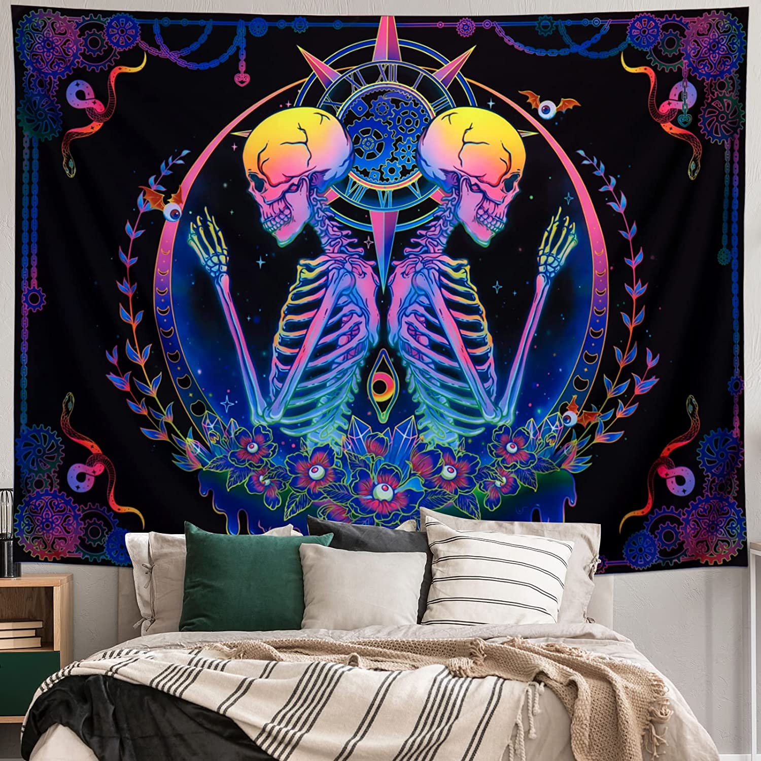 Skeleton Colorful BlackLight Tapestry DormVibes