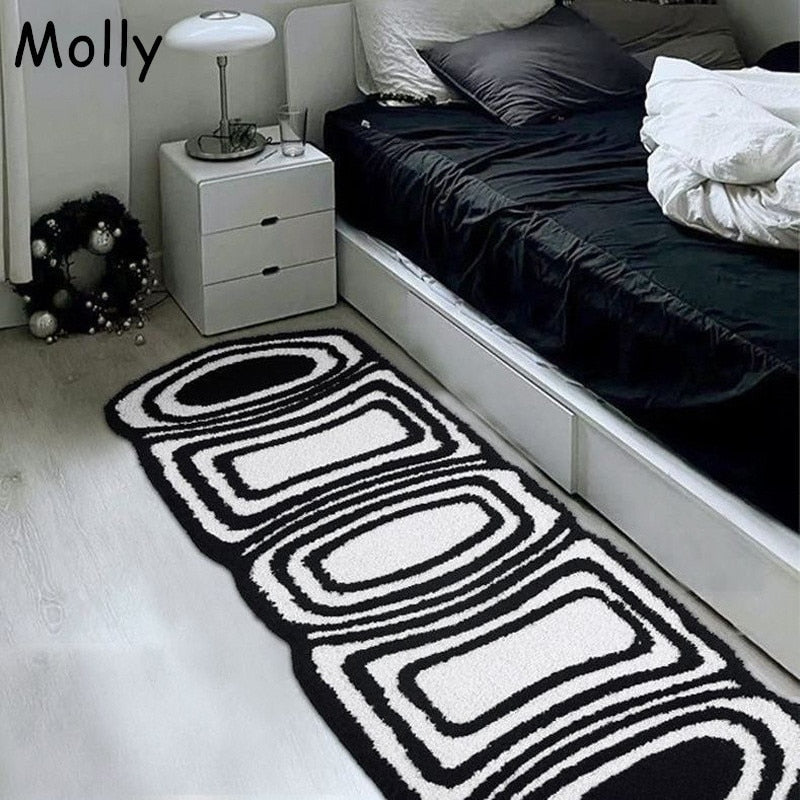 Soft Fluffy Rugs for Bedroom - Black and White Plush Anti-Slip Foot Mats, Nordic Sofa Cushion Carpet, Small Rug Decor - DormVibes