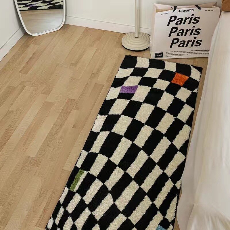 Soft Fluffy Rugs for Bedroom - Black and White Plush Anti-Slip Foot Mats,  Nordic Sofa Cushion Carpet, Small Rug Decor