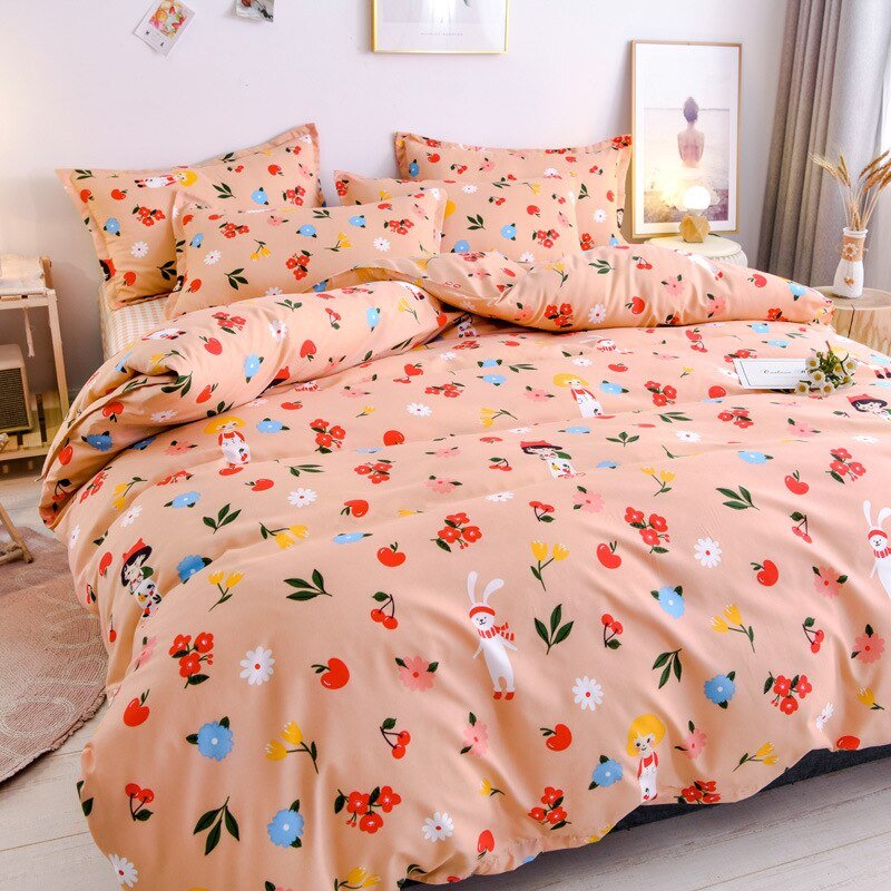 Spring & Summer Floral Bedding Set: Pastoral Style Peaches & Daisy Print Duvet Cover and Bed Sheet Set - DormVibes