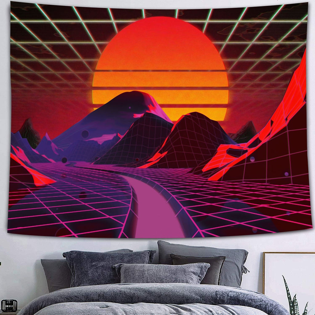 Sunset Mountain Road Blacklight Tapestry - DormVibes