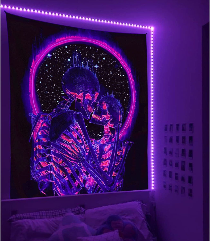 The Kissing Skeleton Blacklight Tapestry - DormVibes