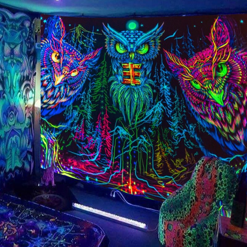 Three Owls Trippy Blacklight Tapestry - DormVibes