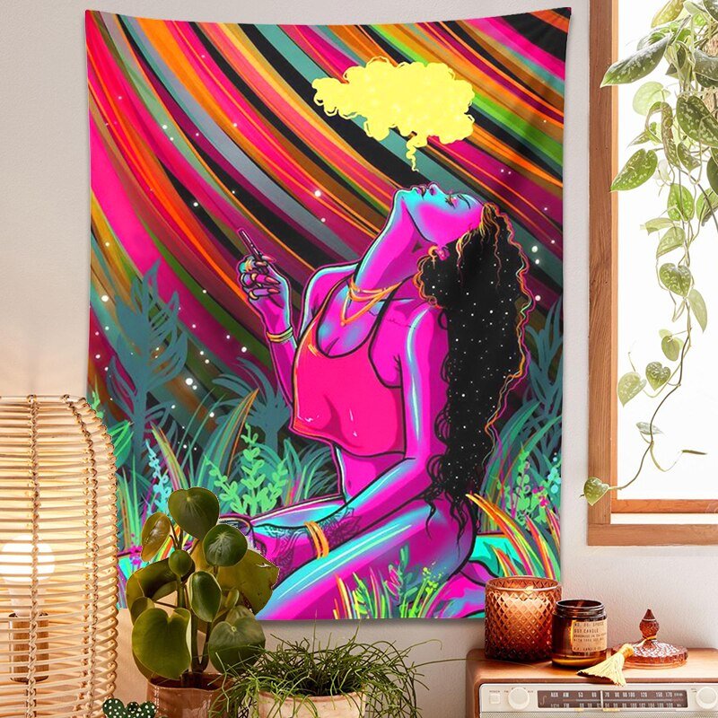 Trippy Cool Girl Smoking Hippie Tapestry - DormVibes