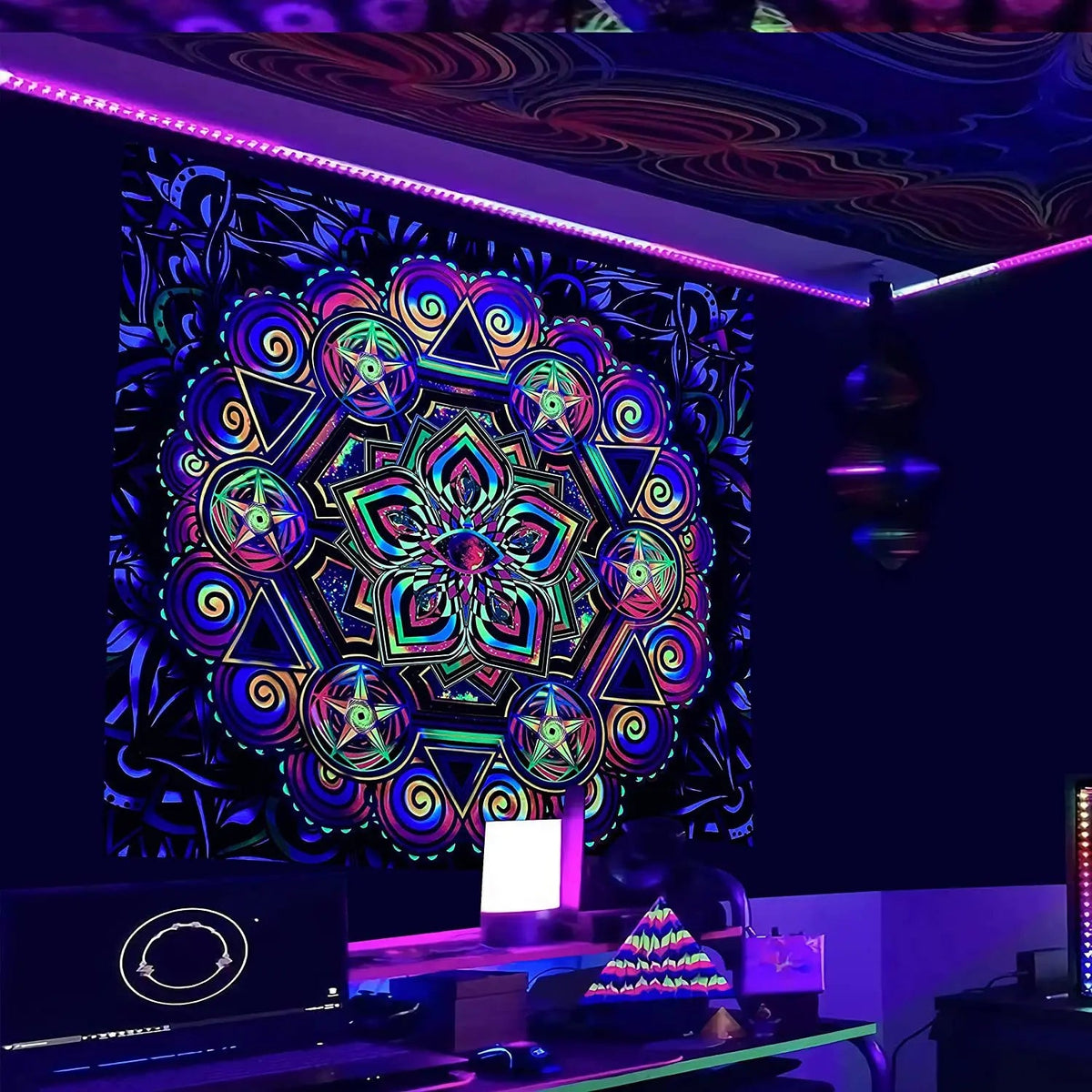 Trippy Tapestry: UV Reactive Mandala Wall Hanging with Buddha - DormVibes