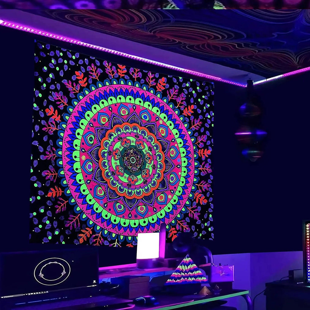 Trippy Tapestry: UV Reactive Mandala Wall Hanging with Buddha - DormVibes