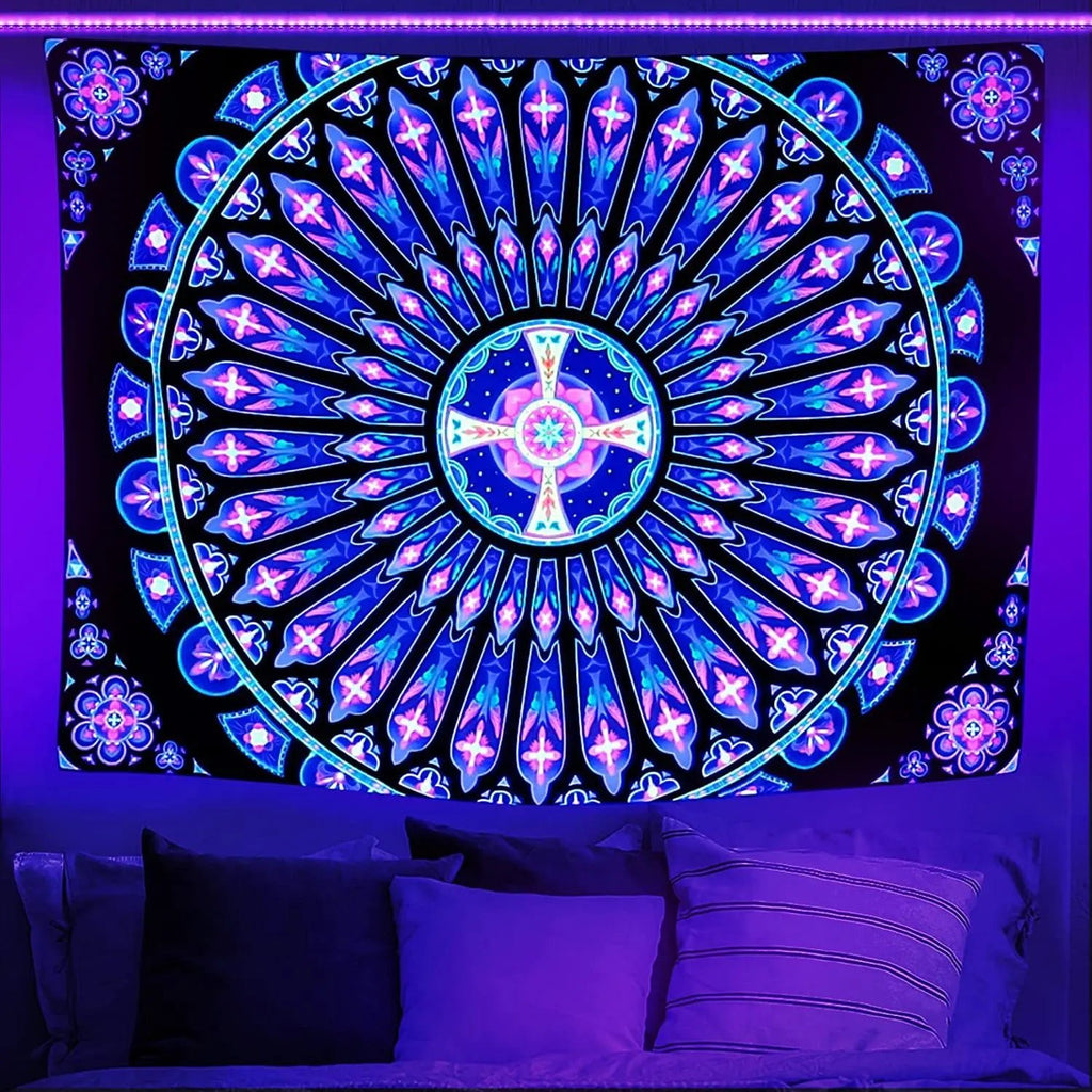 Trippy Tapestry: UV Reactive Mandala Wall Hanging with Buddha - DormVibes