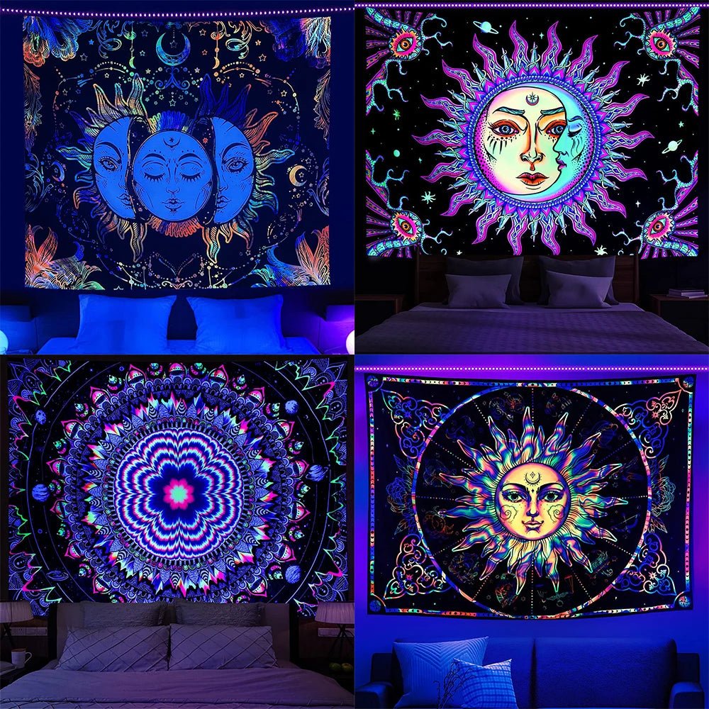 Four sun, moon and mandala tapestry designs under purple lighting