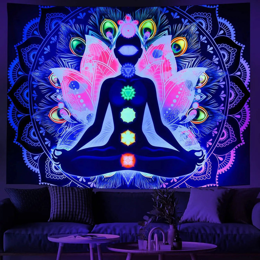 Trippy Tapestry: UV Reactive Mandala Wall Hanging with Buddha - DormVibes
